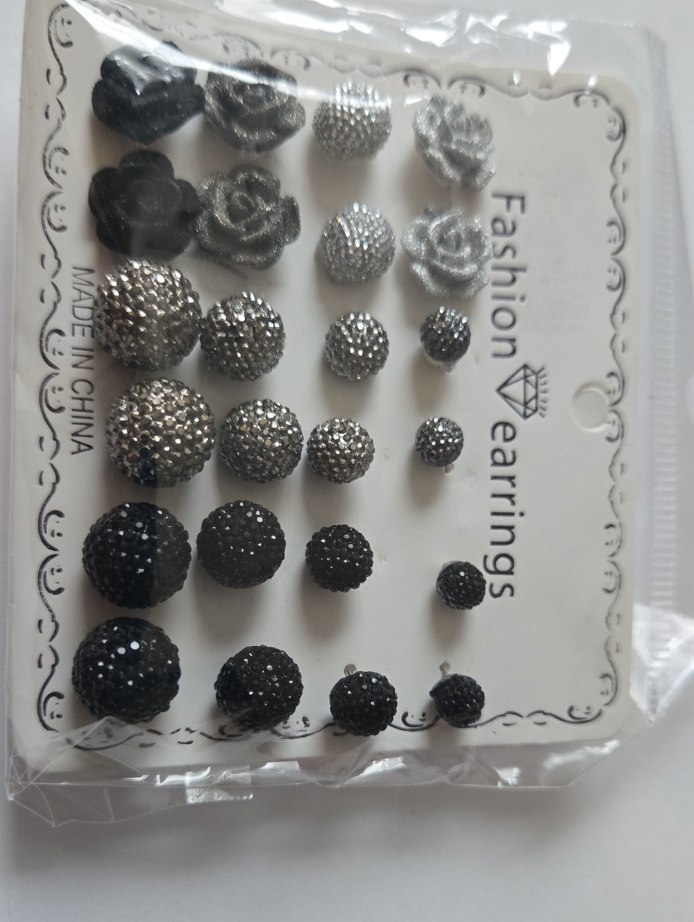 Entire Set - Silver and Black Sparkle, BLING Stud Earrings